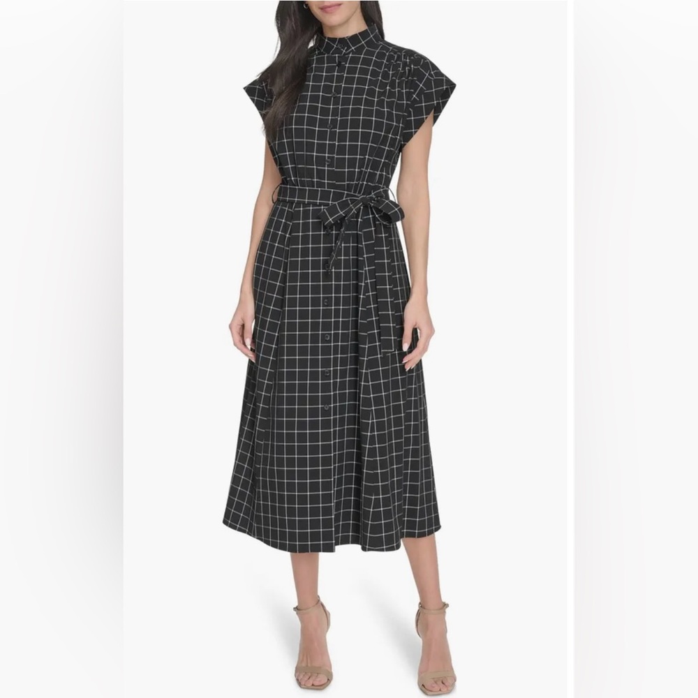 Calvin Klein Black Windowpane Tie-Waist Midi Dress